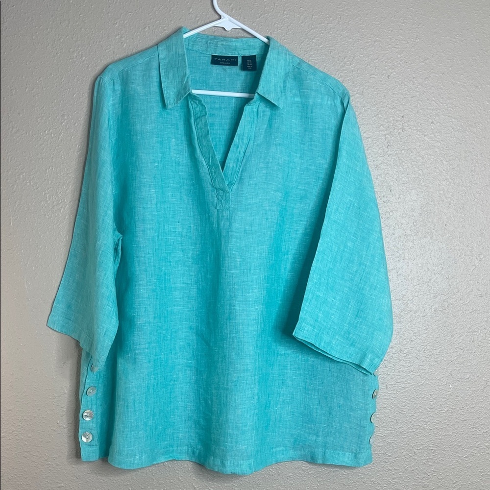 Tahari Women’s Aqua 100% Linen Tunic Blouse 3/4 Sleeve Lightweight Top Sz 1X